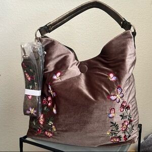 Flower Embroidered Velvet Reversible 2-Way Hobo Shoulder Bag w/ Guitar Strap NWT